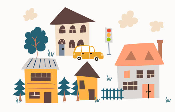 ilustrações, clipart, desenhos animados e ícones de bonito mão desenhada aldeia com casas e árvores em fundo branco - house farm brick chimney