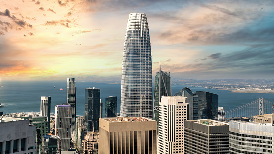 San Francisco, California, USA - August 2019: San Francisco cityscape with Salesforce Tower, the highest building in San Francisco skyline during sunset