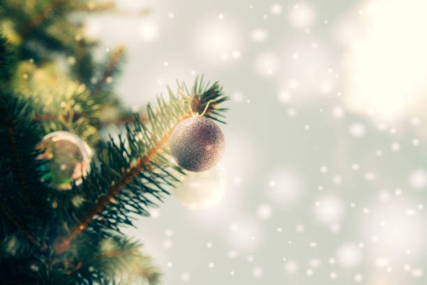 istock Purple Christmas ball on the tree branch. Light background with highlights 1333797499
