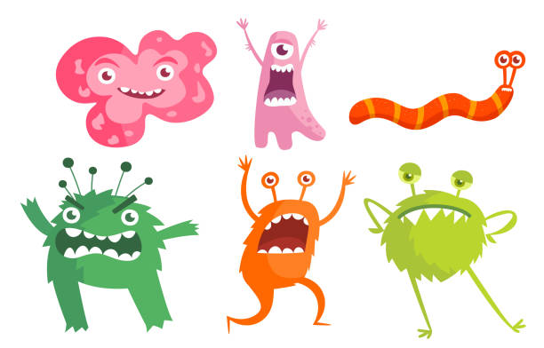 illustrazioni stock, clip art, cartoni animati e icone di tendenza di set di batteri, microbi, simpatici germi e virus con facce divertenti su sfondo bianco - mostro