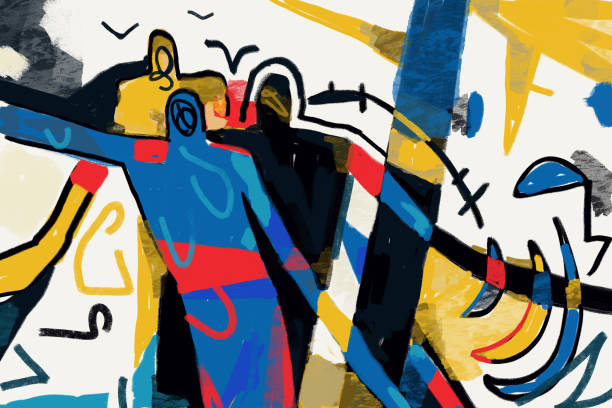 красочный силуэт людей на стене с абстрактными элементами. граффити и стрит-арт в стиле графика с мазками кисти. - painted image expressionism people abstract stock illustrations