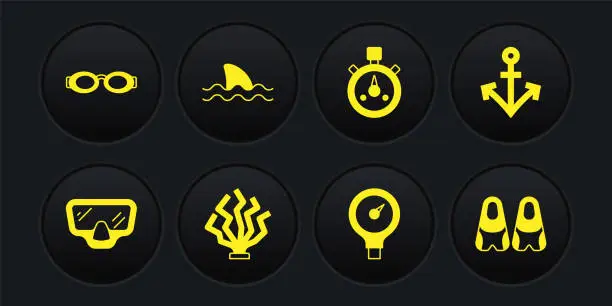 Vector illustration of Set Diving mask, Anchor, Coral, Gauge scale, Stopwatch, Shark, Flippers for swimming and Glasses icon. Vector