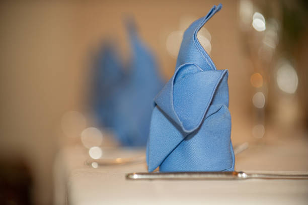 Rows of fancy blue linen folded napklins  at dinner setting