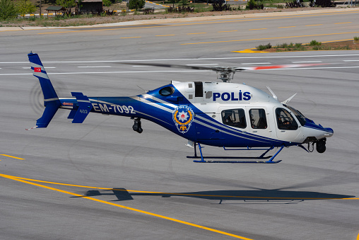Ankara, Turkey - June 26, 2021: Turkish Police Aviation Bell 429 at display at the 40th anniversary of Turkish Police Aviation Division.