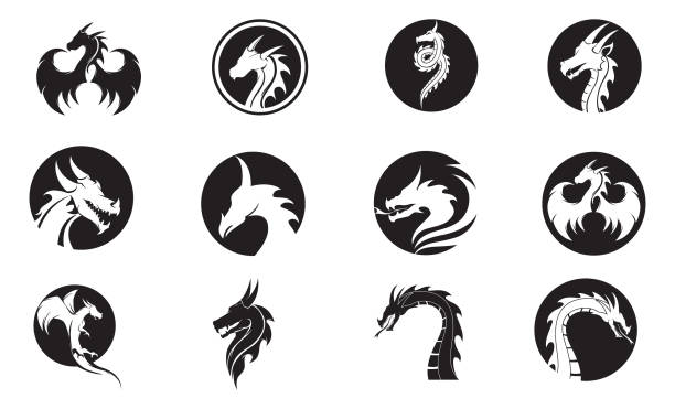 illustrazioni stock, clip art, cartoni animati e icone di tendenza di modello di logo di progettazione illustrazione dell'icona vettoriale dragone - drago personaggio fantastico