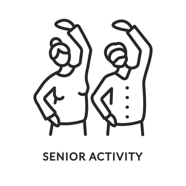 Senior activity flat line icon. Vector illustration elderly people doing exercise Senior activity flat line icon. Vector illustration elderly people doing exercise. exercise class icon stock illustrations