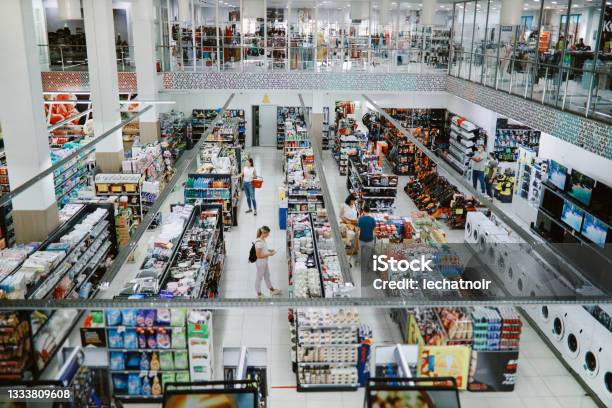 Overhead Image Of People Buying In The Large Supermarket Stock Photo - Download Image Now