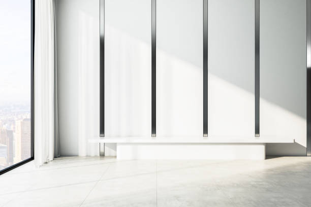 istock Contemporary bright concrete interior with bench and window with city view. Gallery concept. 3D Rendering. 1333809636