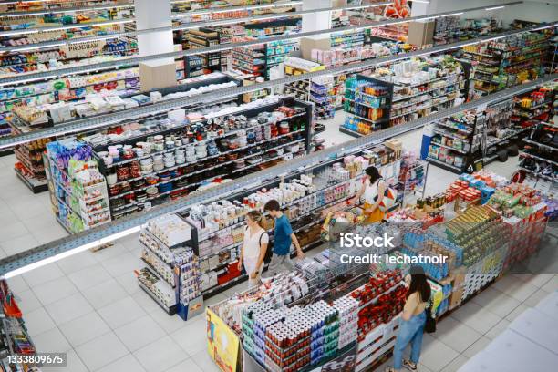 Overhead Image Of People Buying In The Large Supermarket Stock Photo - Download Image Now