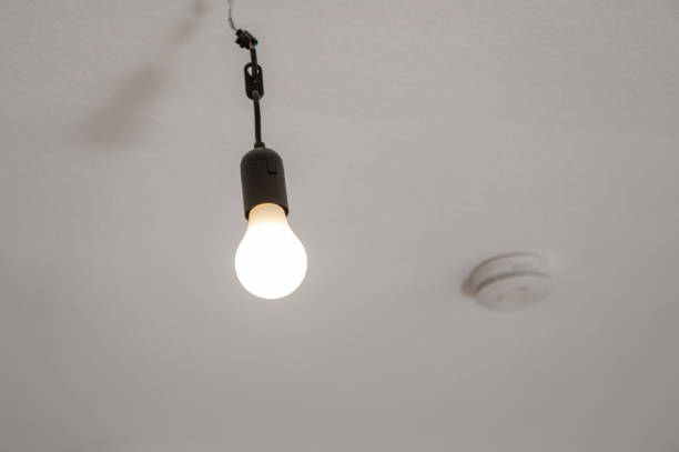 istock Naked dusty light bulb without lampshade hanging switched on from the ceiling in an empty apartment, fire alarm blurry in background, copy space, selected focus 1333809845