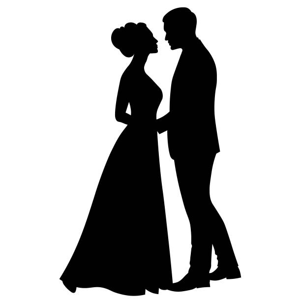 illustrazioni stock, clip art, cartoni animati e icone di tendenza di gli sposi sono fianco a fianco, sagome in bianco e nero - sposa