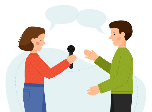 Vector scene of man and woman interview. A guy and a girl talking. Man giving interviews to a journalist. Vector scene of man and woman interview. A guy and a girl talking. Man giving interviews to a journalist. Vector flat illustration. interview camera stock illustrations