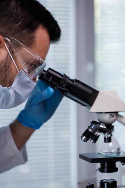 istock Male scientist looking at a scientific sample under a microscope 1333814754