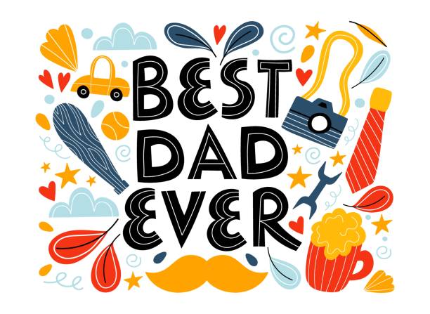 Best Dad Ever. Greeting card template, composition with lettering Best Dad Ever. Hand drawn vector illustration. Greeting card template, composition with lettering, stars, tie, camera, car, bat and ball, abstract shapes. Design for postcards, t-shirt, posters best dad ever stock illustrations