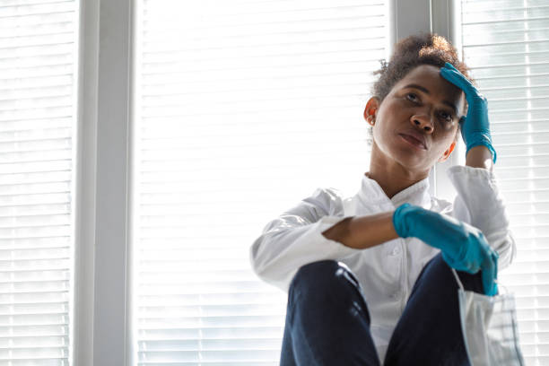 istock Front view of hard working female lab tech taking a break 1333820752