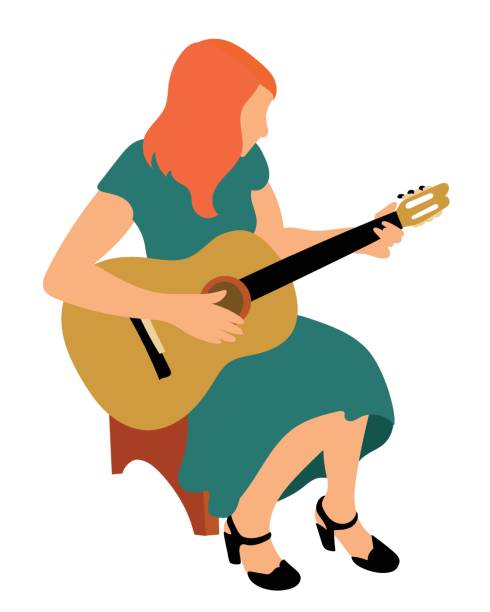 ilustraciones, imágenes clip art, dibujos animados e iconos de stock de chica tocando la guitarra hobby - young women women white background real people