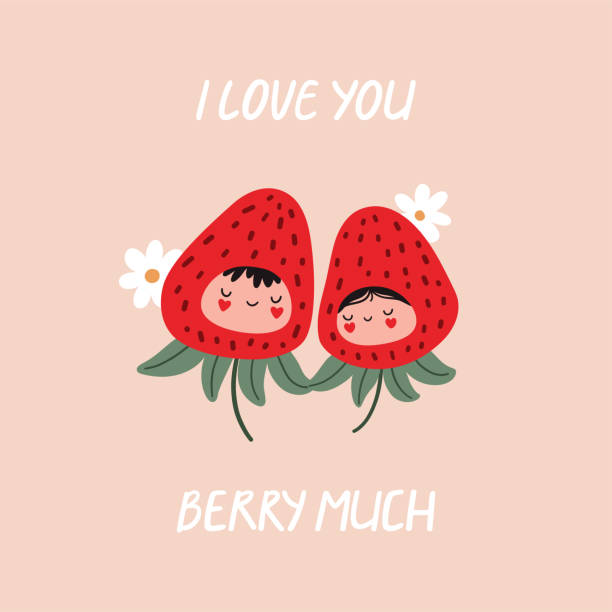 Cute Strawberry Characters In Love Pun Quote I Love You Berry Much  Valentine Day Concept Cartoon Flat Vector Illustration Stock Illustration -  Download Image Now - iStock