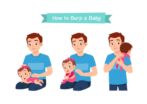 ilustrações, clipart, desenhos animados e ícones de pai segurando bebê e esperando para arrotar - arrotar