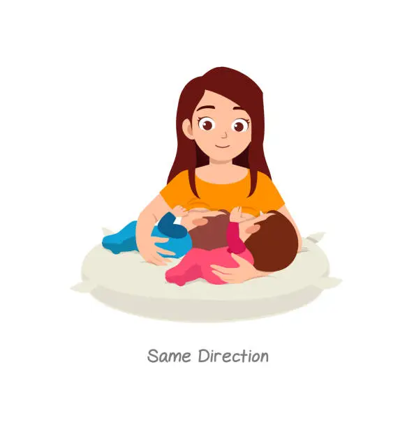 Vector illustration of mother breastfeeding twin baby with pose named same direction