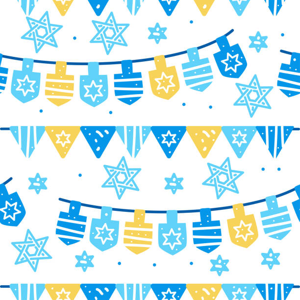 hanukkah celebration seamless pattern with garland and star of david - musevilik illüstrasyonlar stock illustrations