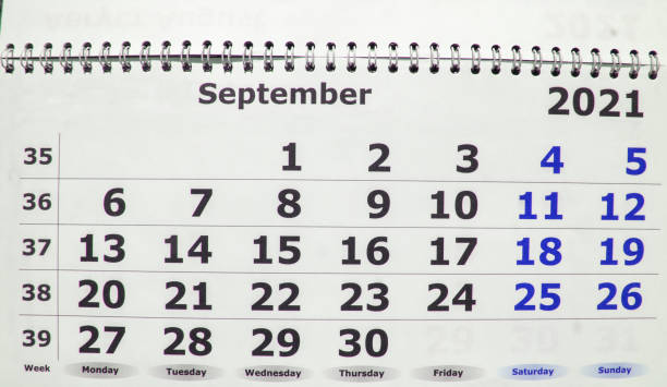 istock September 2021, close-up wall calendar, page with working days and weekends 1333839136