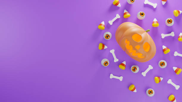 Halloween's day concept. Cute pumpkin ghost, bone and eyeball