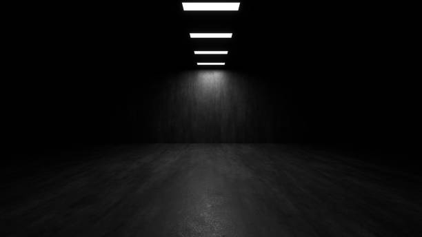 istock A dark hall lit by white neon lights. Reflections on the floor and walls. 3d rendering image. 1333841386
