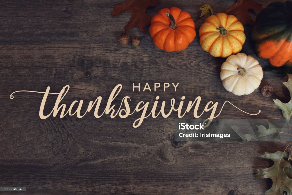 Happy Thanksgiving Holiday Greeting Card Calligraphy Text Design with Fall Pumpkins, Squash and Leaves Over Wood Table Background Happy Thanksgiving Holiday Greeting Card Calligraphy Text Design with Fall Pumpkins, Squash and Leaves Over Dark Wood Table Background Thanksgiving - Holiday Stock Photo