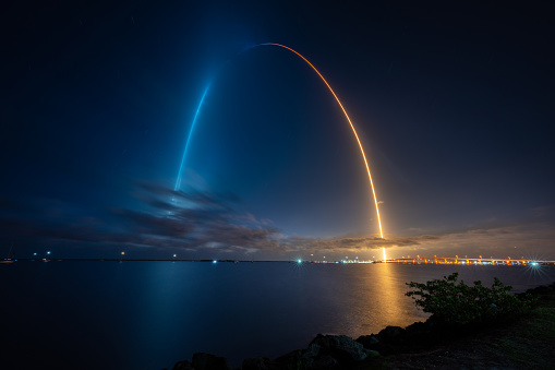 Long exposure of the Crew-2 launch from Kennedy Space Center as viewed from Marina Park in Titusville, Florida over the Indian River.
