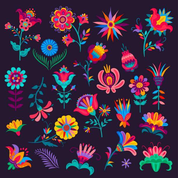 Cartoon mexican flowers, buds and blossoms, vector Cartoon mexican flowers, buds and blossoms, vector plants with colorful petals and stems, elements for Mexico Day of Dead Dia de los Muertos or Cinco de Mayo Festival Floral Design isolated set mexico stock illustrations