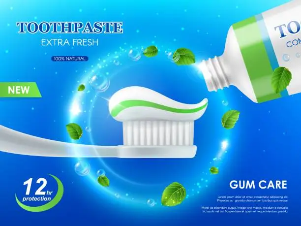 Vector illustration of Whitening mint toothpaste and brush, gum care