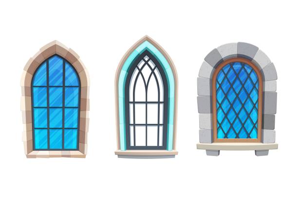 Medieval castle or cathedral interior windows Window of medieval castle or fortress interior. Church, cathedral or temple exterior element, gothic architecture building cartoon vector arch windows with metal, wooden frames and stone masonry church borders stock illustrations