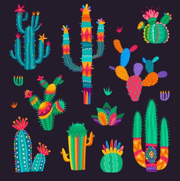 bildbanksillustrationer, clip art samt tecknat material och ikoner med cartoon mexican cactus flowers, desert succulents - desert cactus