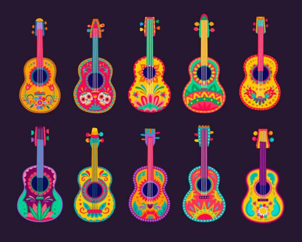 illustrazioni stock, clip art, cartoni animati e icone di tendenza di chitarre messicane cartoon, strumento musicale mariachi - latin music