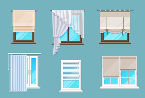 Home and office interior window blinds, shades and curtains. Apartment or house window coverings set. Cartoon vector Persian, Venetian and Roman horizontal shades, long fabric curtains and tulle