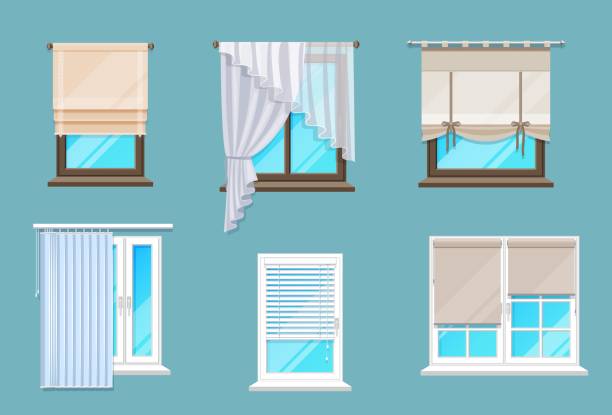 House and apartment interior window blinds, shades Home and office interior window blinds, shades and curtains. Apartment or house window coverings set. Cartoon vector Persian, Venetian and Roman horizontal shades, long fabric curtains and tulle Blinds stock illustrations