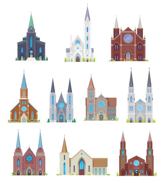 ilustraciones, imágenes clip art, dibujos animados e iconos de stock de iglesias protestantes, edificios medievales de la catedral - cathedral group