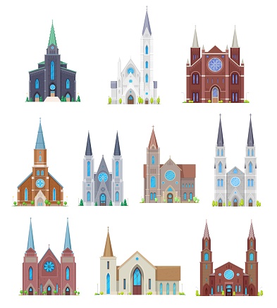 Protestant churches, christian community temples buildings. Cartoon vector medieval cathedral facade, gothic monastery exterior with altar stained glass and belfry or bell tower, cross on spire