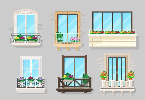 House balcony, building facade or city street architecture interior design. Vector balcony with wrought iron and wooden railings, glass fences decorated flowers in flowerpots, window shutters