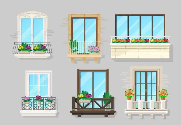 Vector illustration of House balcony with various railings and flowers