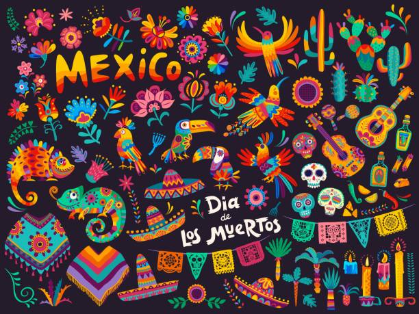 Mexican cartoon symbols, Day of Dead holiday Mexican cartoon symbols of vector Dia de los Muertos or Day of Dead holiday background. Mexico Halloween sugar skulls, fiesta party sombrero hats and guitar, marigold flowers, altar and cactuses papel picado illustrations stock illustrations