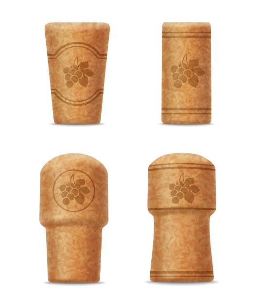 Realistic corks, wine stoppers of different shapes Realistic corks, wine stoppers of different shapes, 3d corkwood plugs with grape bunch and leaves image. Wooden bungs for bottle, equipment for alcohol winery production isolated on white background cork stopper stock illustrations