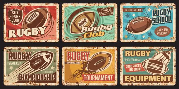 illustrazioni stock, clip art, cartoni animati e icone di tendenza di rugby club, scuola o torneo piatto di metallo arrugginito - rusty metal backgrounds textured