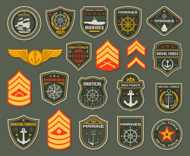 Army naval forces chevrons, marines soldier icons Army naval forces soldier, marines badges and rank shoulder straps. Coastal guard fighter, army elite sea or naurical forces officers chevrons with anchor, submarine and battleship, steering wheel patchwork stock illustrations