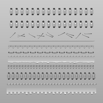 Stitches, notebook spiral binding and stapler pins, divider realistic vector mockups. Wire rings, binders, silver metal springs and torn pages of notebook or notepad, connecting stitches and seams