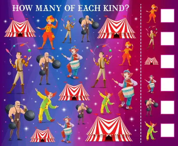 Vector illustration of I spy game with circus characters, kids education
