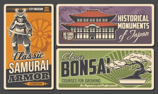 Vector illustration of Japan history museum, monument and bonsai posters