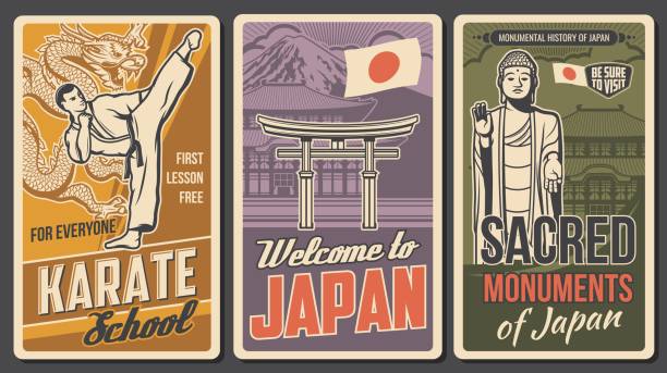 Japan martial art, travel attractions retro poster Japan martial art, sacred places retro posters. Karate fighter in kimono striking high kick, Ushiku Great Buddha statue and torii gate vector. Karate school, welcome to Japan vintage banners karate illustrations stock illustrations