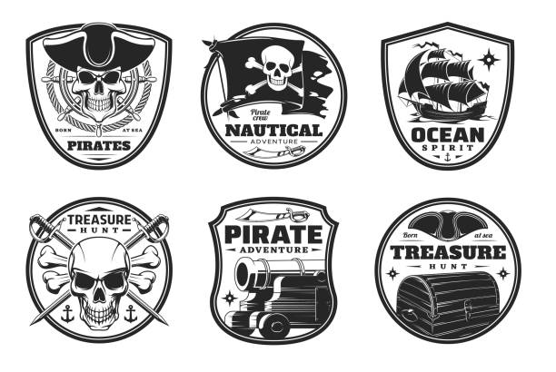 Piracy and pirate heraldic icons, vector symbols Piracy and pirate heraldic icons, vector Jolly Roger skulls or skeleton heads, black flag, cannon and guns. Captain tricorn, chest with treasure, crossed bones and filibusters swords isolated symbols crewmembers stock illustrations