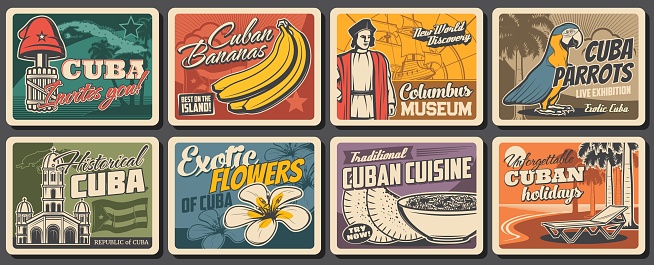 Cuban travel, food, nature and culture vector design. Retro posters with Havana beach palms, Caribbean Sea and tropical parrot, flag and map of Cuba, Havana capitol, mariposa, liberty cap and banana